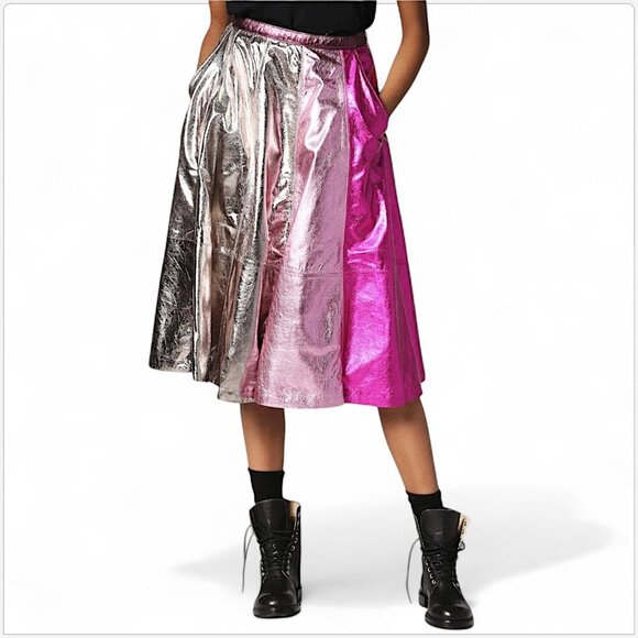 Diesel L-Tracey Gonna Fuchsia Metallic Color Block Leather Skirt New NWT 25